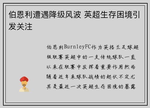 伯恩利遭遇降级风波 英超生存困境引发关注